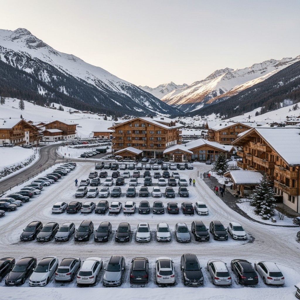 Parking with cars surrounded by snow, background consists of snowy mountains.