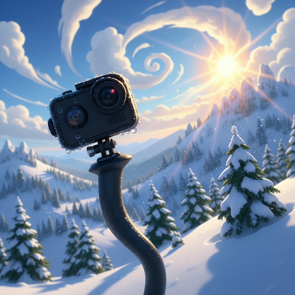 A scenic winter landscape, with mountains covered in snow, evergreen trees, and a bright sky with the sun shining through ...