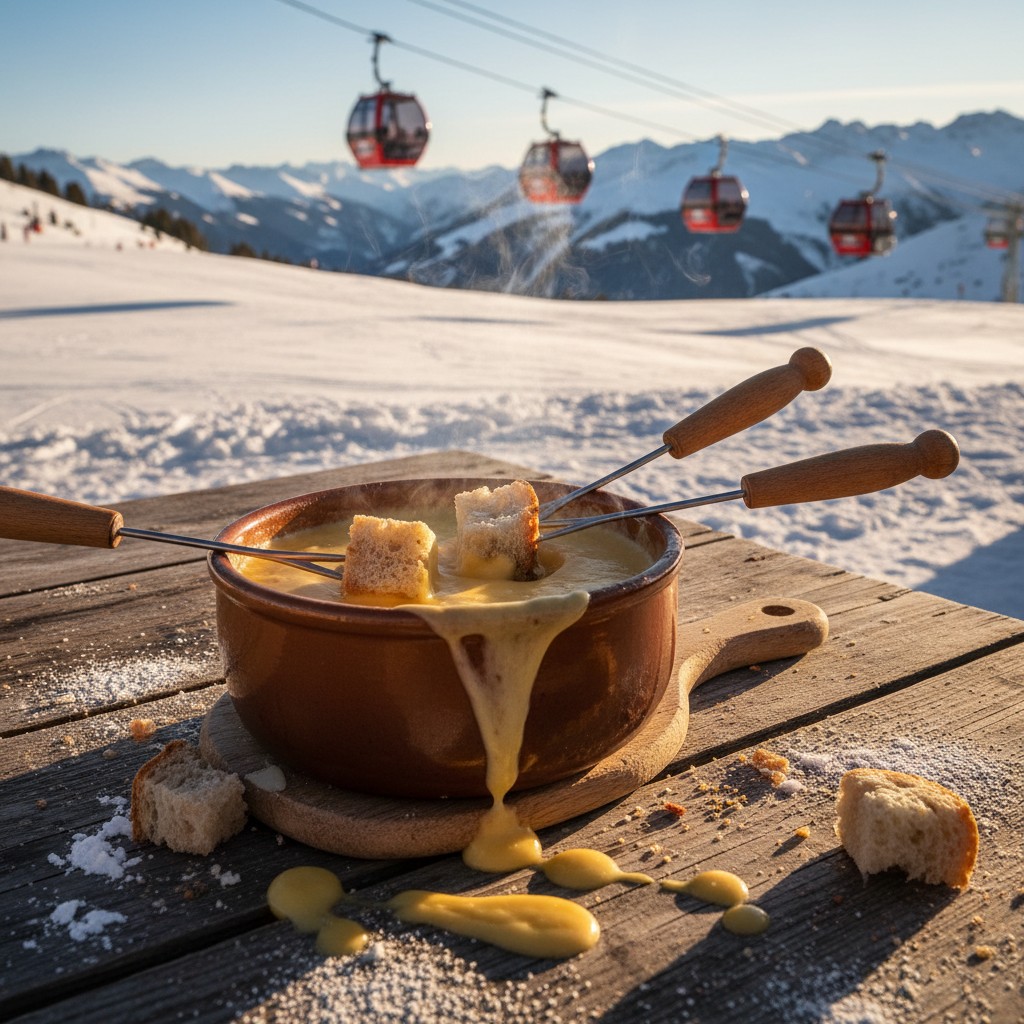 A fondue pot filled with melted cheese and bread cubes being dipped into it, sitting on a wooden table in the snow with sk...