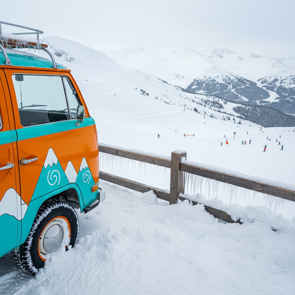 A van with a colorful mountain design on its side, parked in front of a snow-covered fence with a ski area in the background.